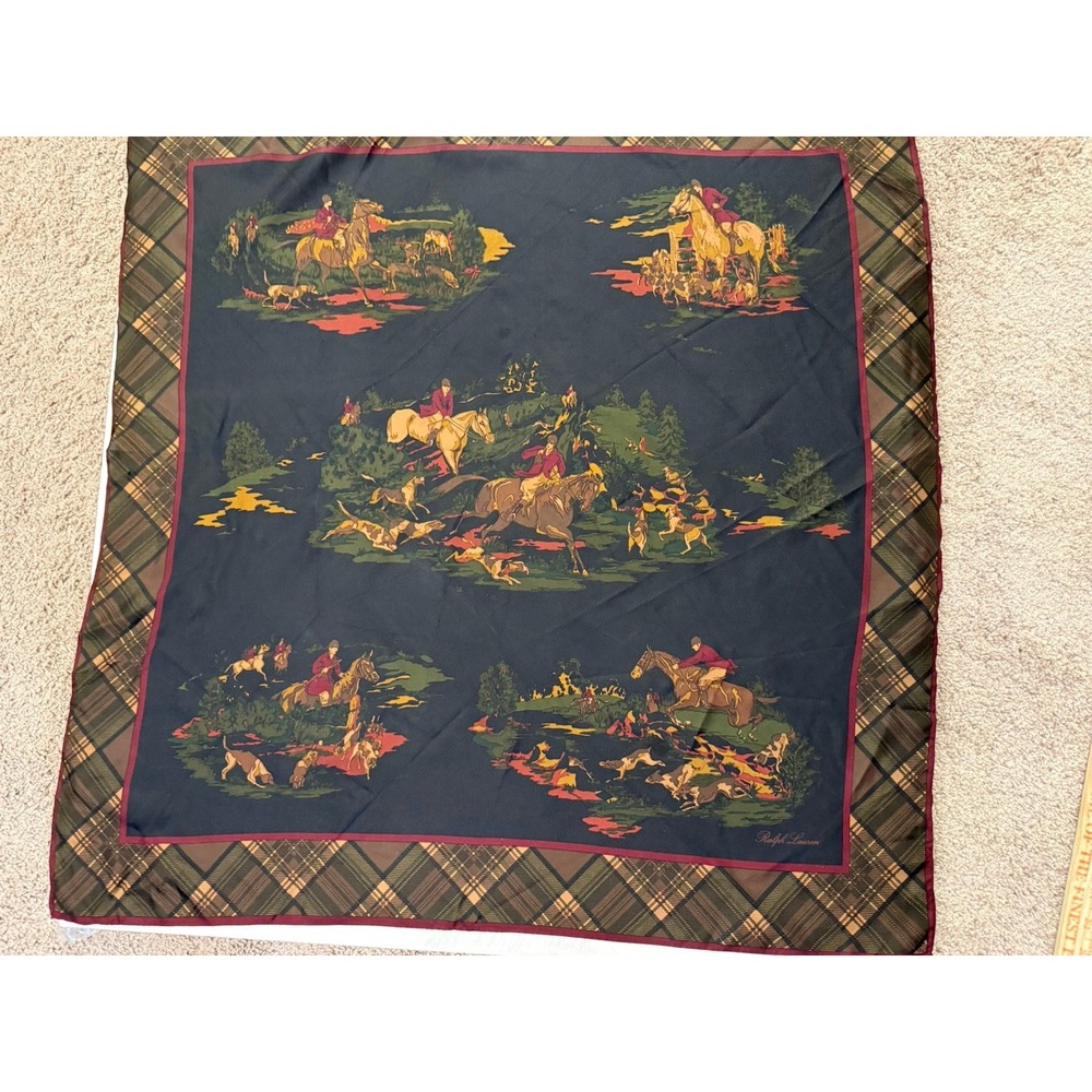 Rare Ralph Lauren Equestrian Silk Scarf 31" square navy blue tartan plaid preppy